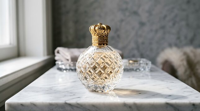 Luxury crystal perfume bottle with gold crown cap on marble table
