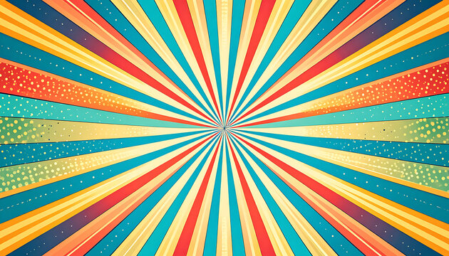 Retro sunburst pattern with vibrant radiating stripes, pixelated effect, energetic and nostalgic backdrop