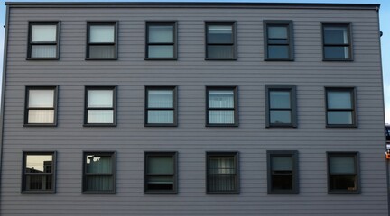 Fototapeta premium Multi-story residential building exterior. Gray siding shows rows of dark framed windows. The structured facade creates a modern urban aesthetic. Clear sky visible above.