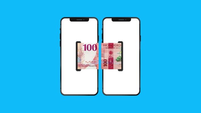 An animation showing the front of the 100 Caribbean Guilder banknote rotating between two smartphones on a blue background, displaying its red color and marine life design.