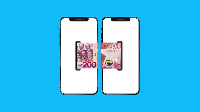 A high-quality animation showcasing a 200 Ghana Cedis banknote transferring or sliding between two white smartphone screens. Perfect for African fintech, mobile banking, and digital payment concepts.