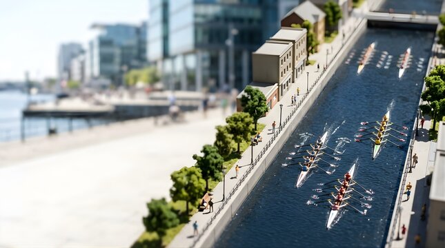 Tilt shift aerial view of rowing teams racing on a city river canal