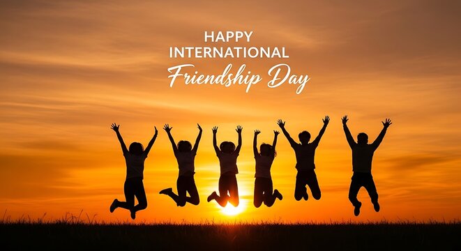 Silhouettes of people jumping at sunset, happy international friendship day