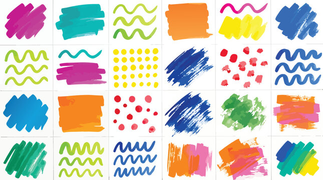 Colorful felt-tip pen swatches and textured marker strokes arranged in a systematic grid macro shot for creative design projects