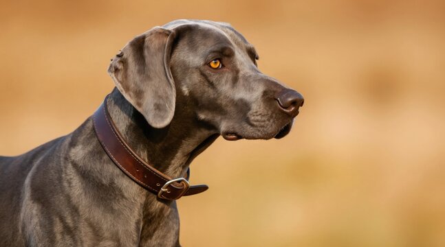 Weimaraner dog with leather collar. Beautiful purebred canine profile view. Loyal hunting breed dog looking alert with golden eyes. Natural outdoor background.