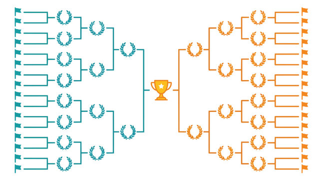 Tournament bracket competition tree featuring victory wreaths and central trophy in minimalist flat vector for sports event planning