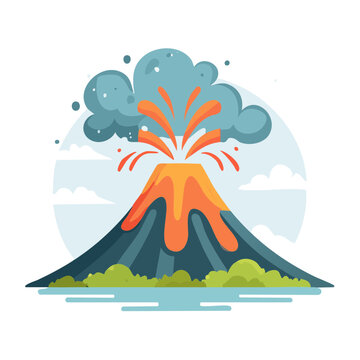 Flat vector illustration of erupting volcano with lava and smoke