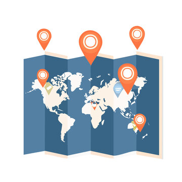 Folded world map with orange location pins vector illustration