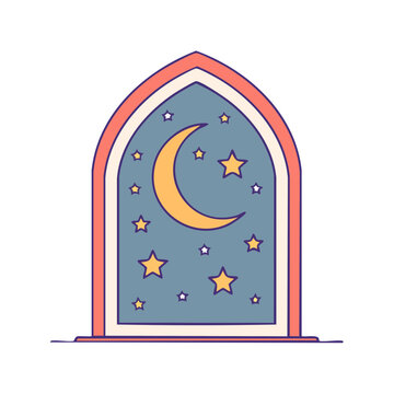 Gothic stained glass window with moon and stars