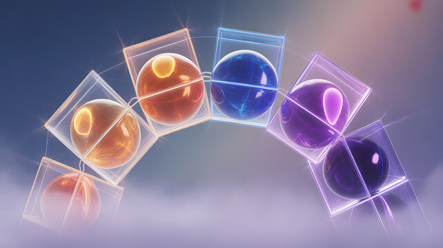 Vibrant colorful glowing orbs encased in transparent cubes floating in mid air with a gradient background
