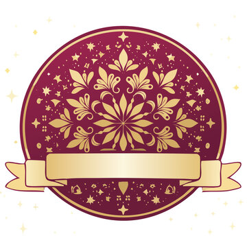 Ornamental burgundy and gold floral badge with ribbon banner