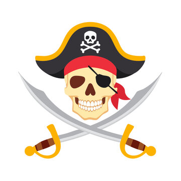 Pirate skull with crossed swords and hat vector illustration