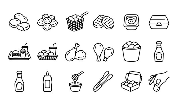 Chicken Nuggets Outline Icon Set Editable Stroke EPS10 Vector