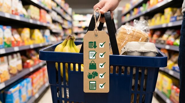 Grocery shopping basket with checklist tag and items like bananas bread and eggs in supermarket aisle