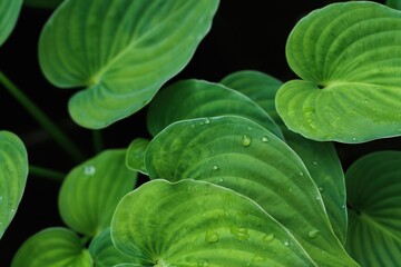 Obraz premium Close-up view of lush green hosta leaves after rain. Water droplets cling to the textured surfaces creating a fresh natural effect. Dark background emphasizes plant details.