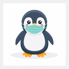 Obraz premium Cute cartoon penguin wearing a protective face mask