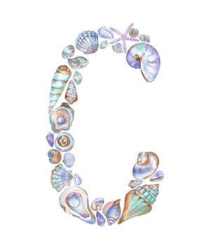 Letter C created from hand-drawn watercolor seashells, oysters, and starfish isolated on white. Beautiful and colorful summer lettering for kids, pre-school projects, cards, stickers, customization