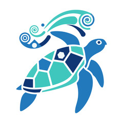 Obraz premium Minimalistic sea turtle swimming with abstract wave motifs and geometric shell patterns isolated on a white background wildlife nature concept
