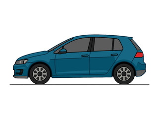 Fototapeta premium Blue Hatchback Car Vector Illustration, Side View, Isolated on White Background