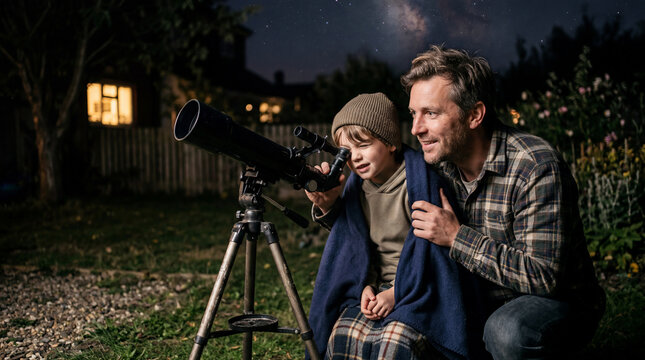 Stargazing Night: A father and son share a magical moment under a starry sky, peering through a telescope in their backyard, fostering a love for astronomy and exploration.