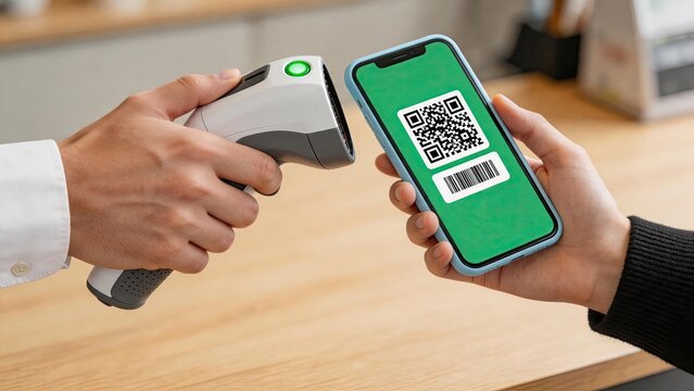 Close up of hands holding smartphone displaying QR code being scanned by barcode reader, digital payment and contactless transaction technology concept.