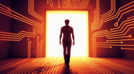 Fototapeta premium Man walks through tunnel with glowing orange circuits. He moves towards bright portal with circuit pattern on his clothes. Futuristic concept of progress and innovation.