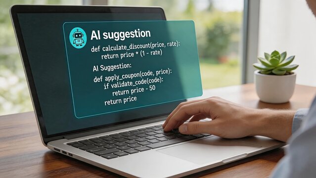 Programmer coding on laptop with artificial intelligence suggestion popup, software development automation, machine learning code assistant