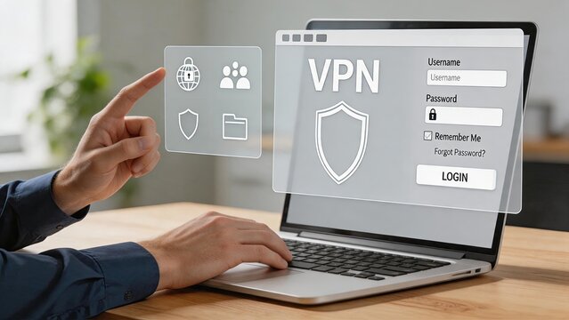 Futuristic VPN login interface on laptop, user accessing secure network with virtual icons for global privacy and data protection, cybersecurity concept