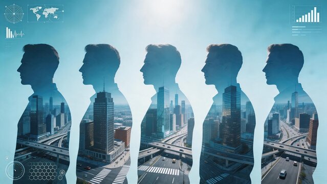 Double exposure of men silhouettes and modern city skyline, representing urban lifestyle, corporate workforce, and human connection to metropolitan environment.