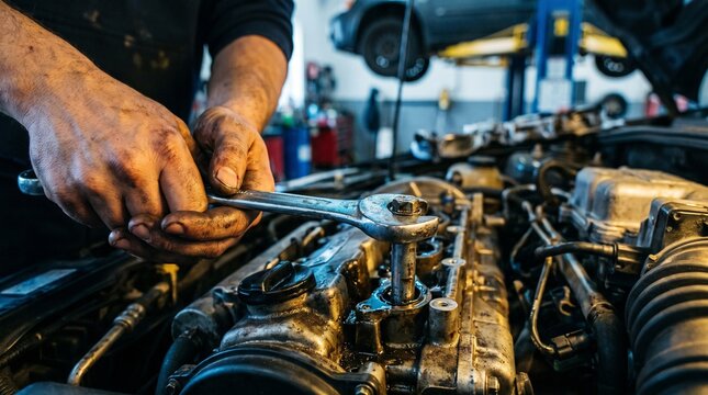 Mechanic hands repairing a car engine block with wrench tool in workshop