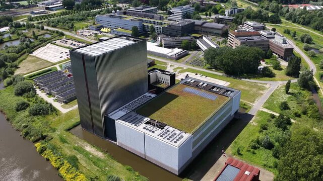 Aerial drone view of AMS17 at Amsterdam Science Park, showing large scale cloud infrastructure, secure connectivity and renewable energy.