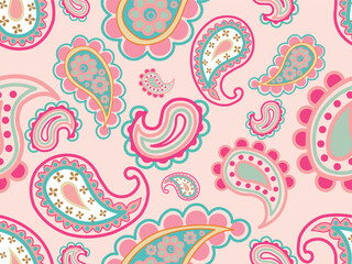 Naklejka premium Lovely vintage paisley and floral seamless pattern in soft pastel tones. Featuring light pink, hot pink, and mint green details with tiny blossoms and dots inside teardrop shapes. 