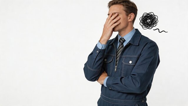 Stressed young man doing facepalm gesture with confused expression, mental block, frustration, headache, creative crisis, burnout, problem solving difficulty