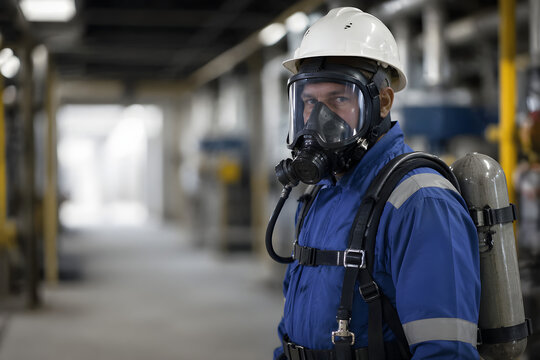 Industrial Worker Wearing Full SCBA Self-Contained Breathing Apparatus with Air Cylinder and Full Face Mask Standing in Petrochemical Facility Corridor Emergency Response PPE Safety