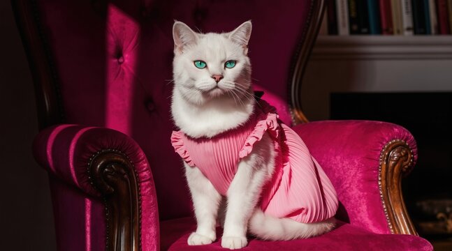 White cat in pink dress sits on plush magenta armchair. Sunlight streams across feline, highlighting elegant poise. Domestic pet looks regal and stylish indoors.