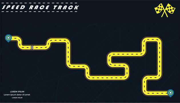Road track or Race track in yellow color isolated on dark background with a street map.