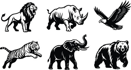 Powerful Wild Animals and Apex Predators Mascot Silhouette Vector Set Featuring Roaring Lion, Charging Rhinoceros, Flying Eagle, Pouncing Tiger, African Elephant, and Walking Grizzly Bear © Rumi