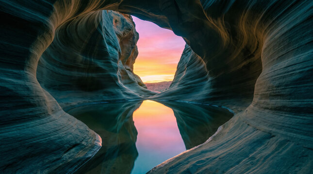 Stunning sunset view from inside a natural sandstone cave with water pool