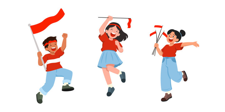 Illustration set featuring cheerful young Indonesian characters celebrating a national holiday with Indonesian flag ornaments in a fun and playful style.