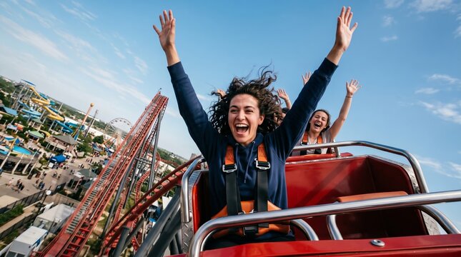 Excited woman screaming with arms raised on a roller coaster ride at amusement park