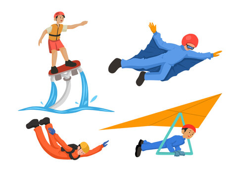 Illustration set featuring cheerful characters participating in various air sports activities such as paragliding, skydiving, hang gliding, and parasailing