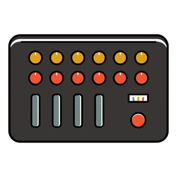 Flat vector audio mixer control panel with sliders and knobs