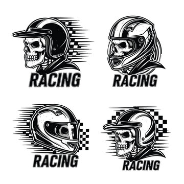 Set of four vintage racing emblems with skulls wearing motorcycle helmets.