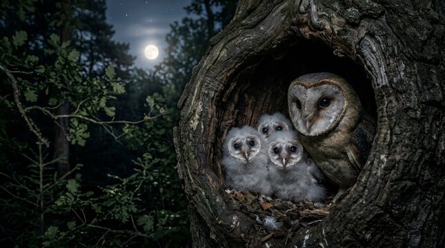 Barn owl parent and fluffy owlets in a tree hollow nest at night under a bright full moon in the dark forest with predator wildlife nocturnal feathers parenting wilderness environment woodland