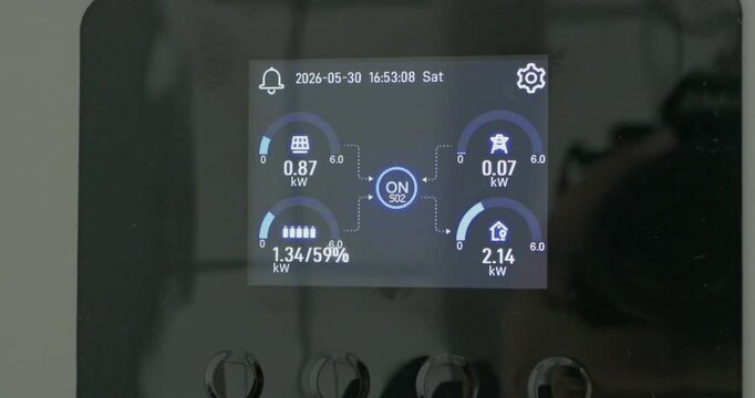 Showcasing a data dashboard on a solar cell inverter displaying performance metrics. Perfect for projects highlighting renewable energy analytics smart grid technology and sustainability.