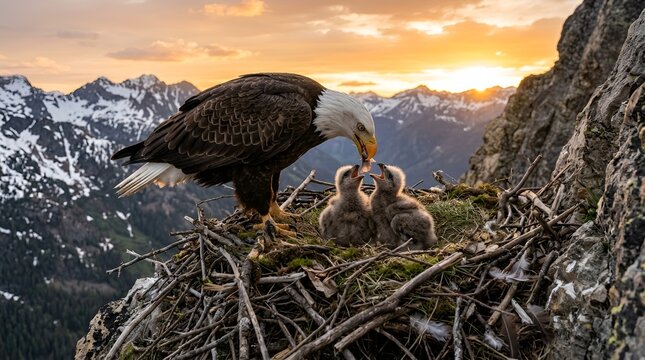 A majestic bald eagle feeding its hungry chicks in a large nest perched on a rugged mountain cliff at sunset with snowy peaks in the distance mountain parenting wildlife wilderness landscape
