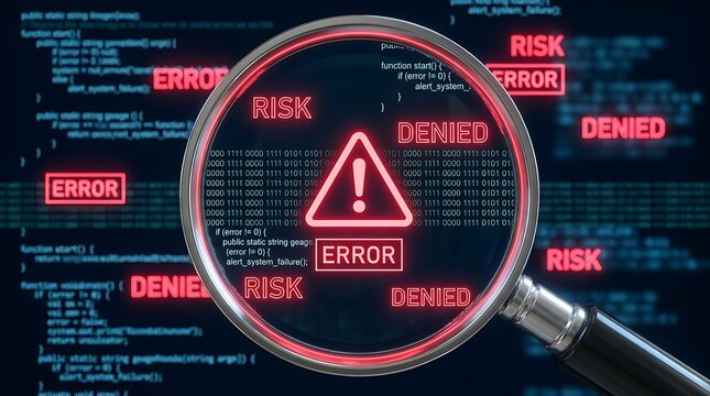 Magnifying glass over digital computer code showing red error warning signs risk and denied text representing cyber security threat detection and firewall.
