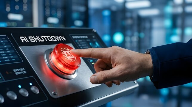 Human hand pressing glowing red AI shutdown emergency button on futuristic control panel in server room
