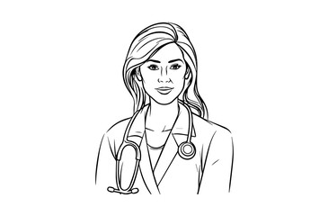 Fototapeta premium Female doctor portrait detailed line art sketch smiling woman healthcare professional illustration isolated on white background