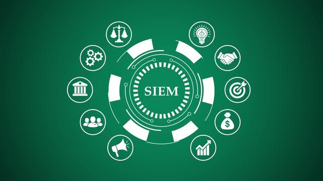 Siem security information and event management network concept with digital icons.